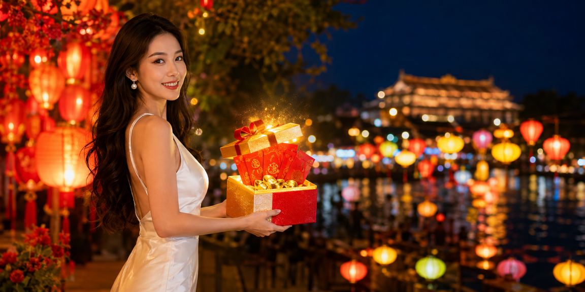 Không khí chợ đêm Huế và người dùng nhận ưu đãi phong bì đỏ khi chơi game