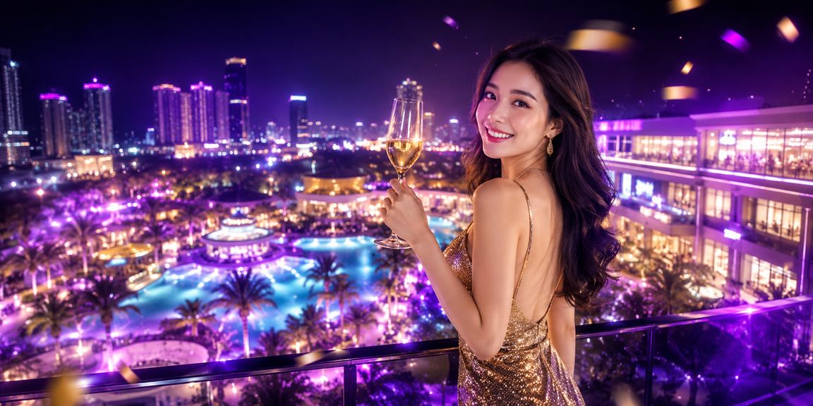 Không gian giải trí casino neon rực rỡ tại Mũi Né về đêm, người dùng trải nghiệm ưu đãi