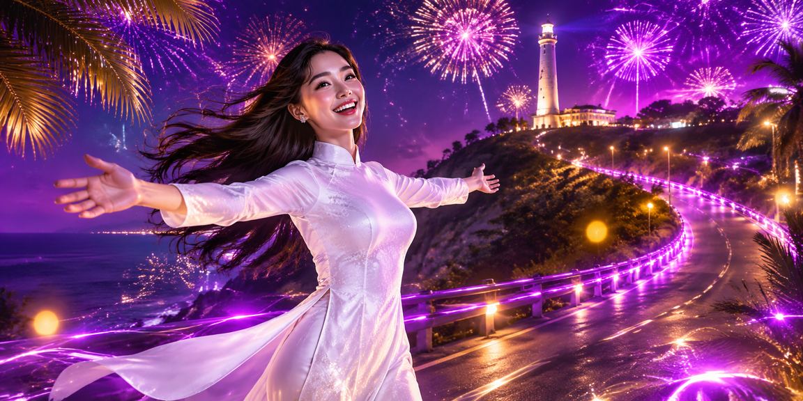 Người dùng Vũng Tàu mặc áo dài nhận thưởng VIP và kiểm tra tài khoản 88online bên bờ biển